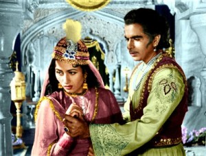 Madhubala, as Anarkali, entices Dilip Kumar (as Prince Salim) in "Mughal-e-Azam."
